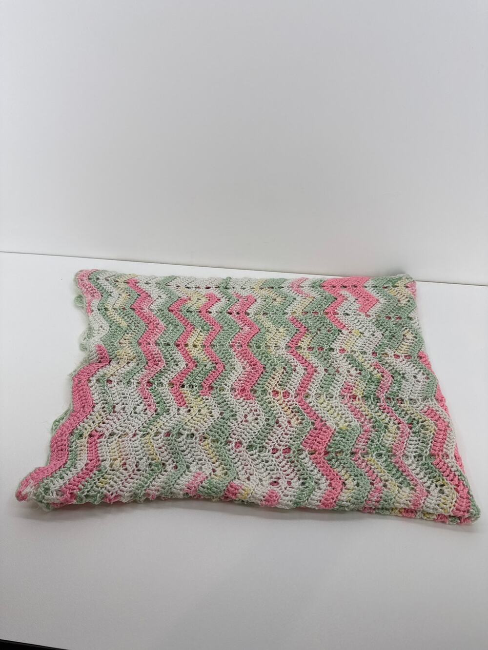 Handmade Crocheted Blanket - 3x3 ft - Pink/Green/White